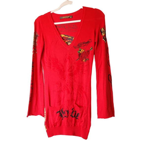 Ed Hardy Sweaters - Ed Hardy Women's XS Red Tunic Sweater Dress Rhinestones Tiger Front Pockets Y2K
